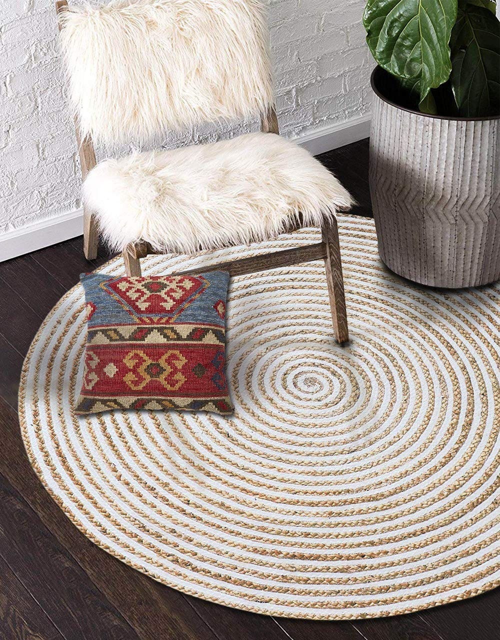 Round Rug White Line Jute Hand Braided Living Room Area Rug Carpet 100%  Carpet